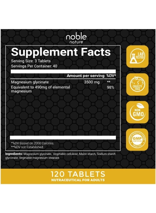Noble Nature Magnesium Glycinate Chelated 3500MG- High Absorption Supplement to Support Bone, Nerve and Muscles Health - 120 Veg Tablets - Image 3