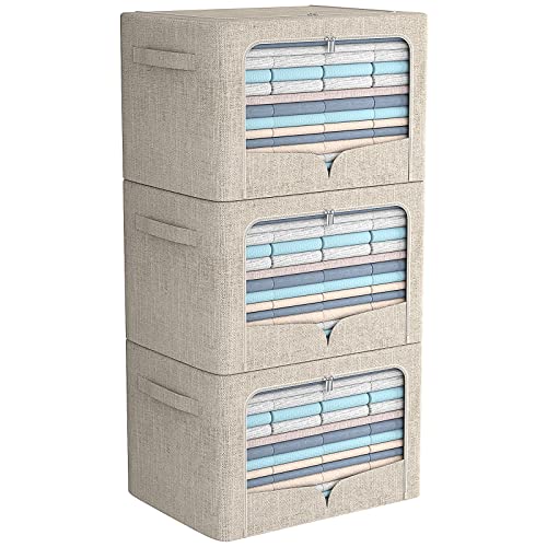 FHSQX 3 Pack Clothes Storage Bins Foldable Metal Frame Storage Box Stackable Linen Fabric Organizer Set with Carrying Handles and Clear Window (Beige, 15.7x11.8x7.8inch(22L)) - Image 1