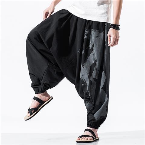 Hip-Hop Crotch Pants Mens Cotton and Linen Special Fat Low Crotch Pants Loose Crotch Ankle-Length Pants Japanese-Series Baggy Pants Plus Large Size Black