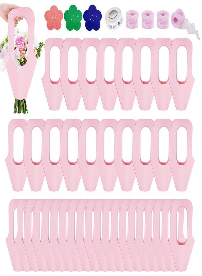 DIBALIYI 50 Pcs Kraft Paper Flowers Gift Bags with Handle, Bouquet Bags Hanging with Ribbon Sticker Rose Thorn Remover, Cone Floral Wrapping Paper Bags for Wedding Graduation Party Florist (Pink) - Image 1