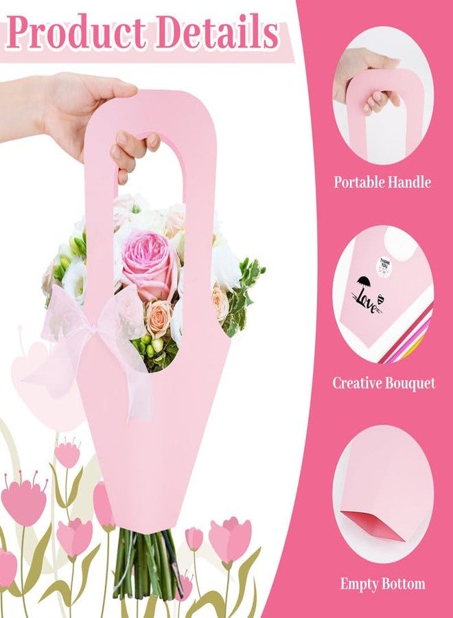 DIBALIYI 50 Pcs Kraft Paper Flowers Gift Bags with Handle, Bouquet Bags Hanging with Ribbon Sticker Rose Thorn Remover, Cone Floral Wrapping Paper Bags for Wedding Graduation Party Florist (Pink) - Image 3