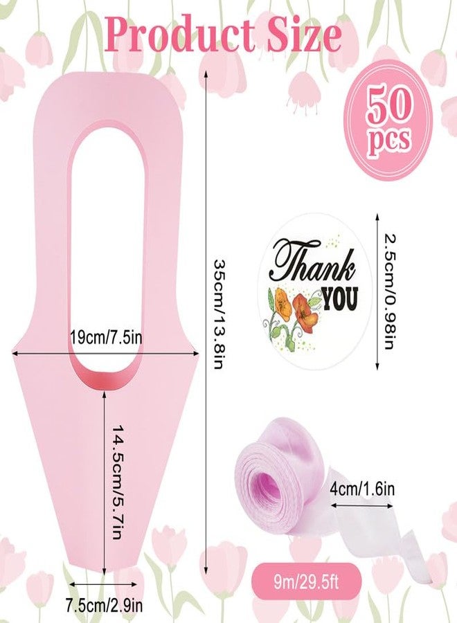 DIBALIYI 50 Pcs Kraft Paper Flowers Gift Bags with Handle, Bouquet Bags Hanging with Ribbon Sticker Rose Thorn Remover, Cone Floral Wrapping Paper Bags for Wedding Graduation Party Florist (Pink) - Image 2