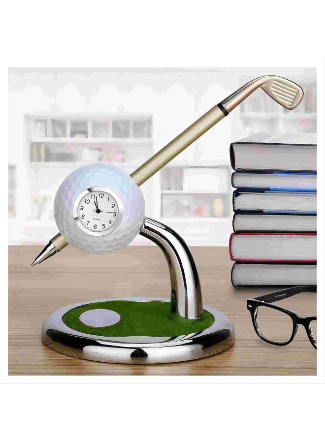 10L0L Golf Pen Holder with Clock Unique Gifts for Men, Mini Desktop Holder, Compatible with Enthusiasts Funny Business Gifts Includes Pen Set of 2 Office Desk Accessories- White - Image 1