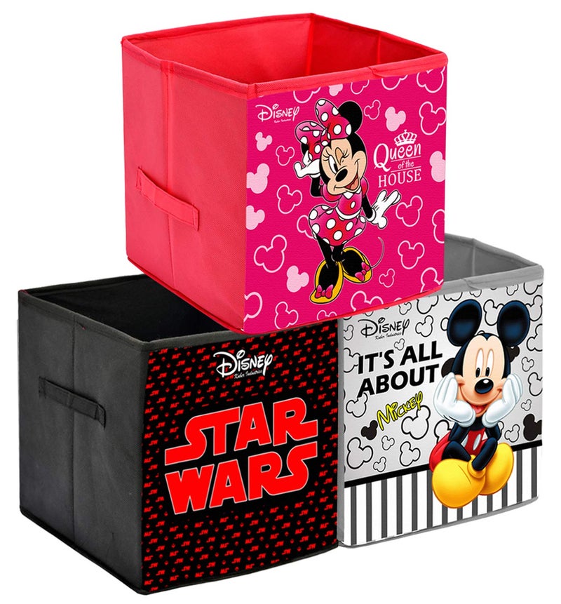 Kuber Industries Kuber Industries Disney Print Non Woven 3 Pieces Fabric Foldable Cubes Storage Box with Handle (Extra Large, Grey and Maroon and Pink)  - Image 1