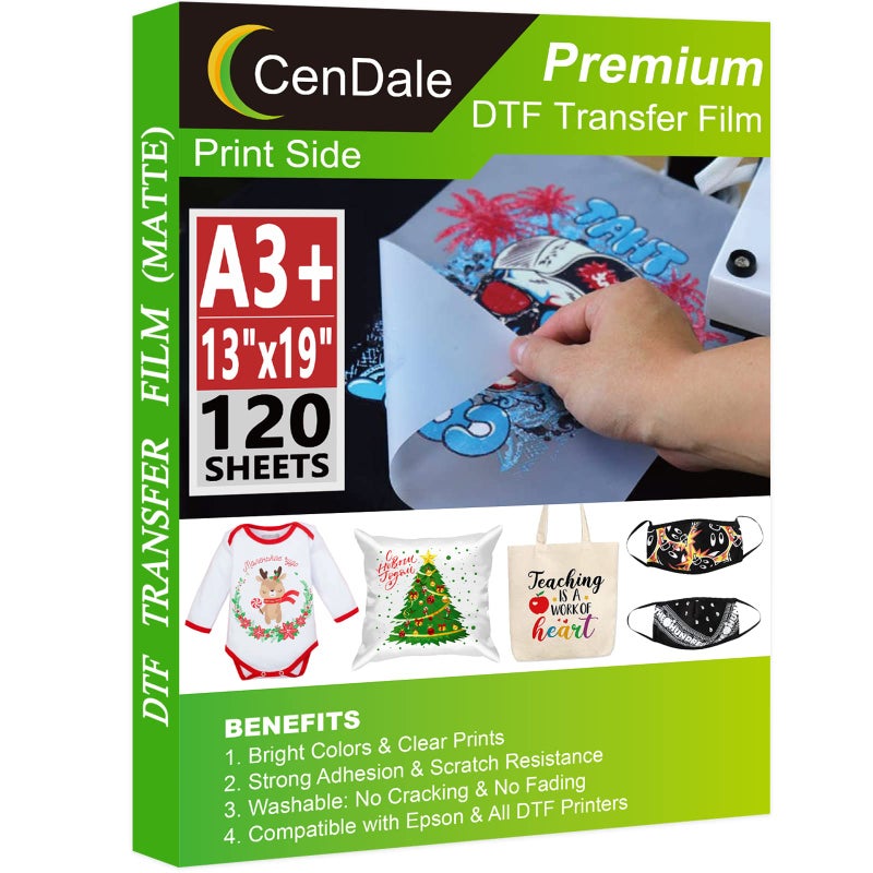 CenDale DTF Transfer Film A3 13x19 120 Sheets DoubleSided Matte DTF Film for Sublimation Hack Direct to Film Printing on All Fabric and Colors TShirts Textile Hot Cold Peel DTF Paper