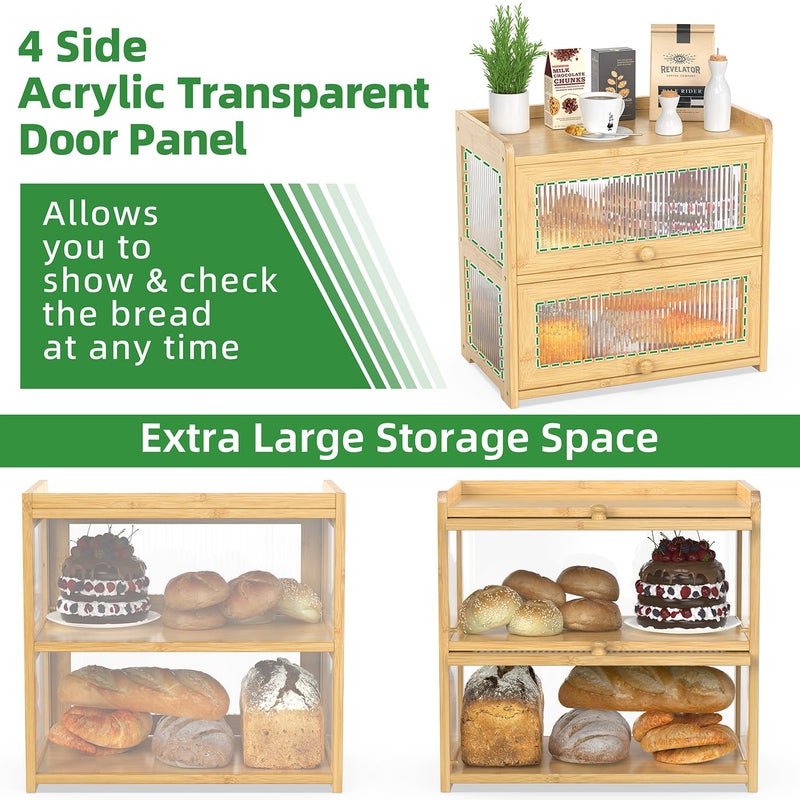 BAMBANG Extra Large Bamboo Bread Box for Kitchen Counter, Double Layer Bread Storage Container Farmhouse Bread Box with 4 Sides Transparency, Breadbox Bin Holder for Homemade Bread, Natural - Image 3