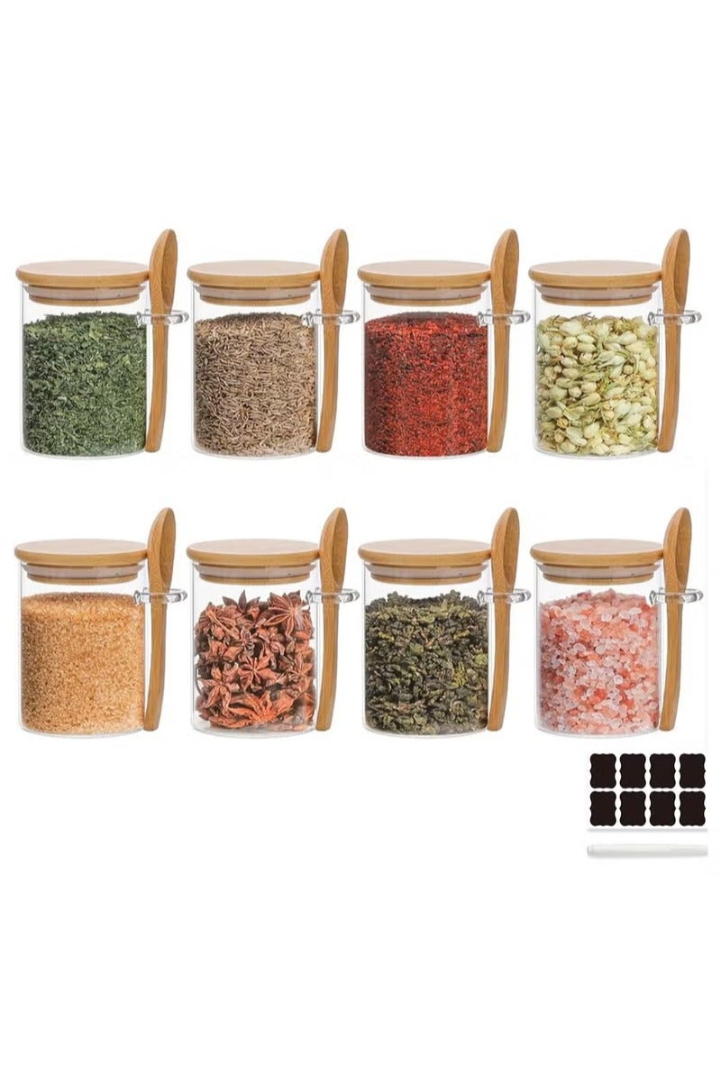 KUAIJI 8-Pack 250ml(8.45 oz) Glass Jars With Aitight Bamboo Lids and Spoon,Spice Jars Overnight Oats Jars Breakfast Jars Sugar Salt Coffee Tea Candy Cookies Jars, Kitchen Storage (8Pack250ML)