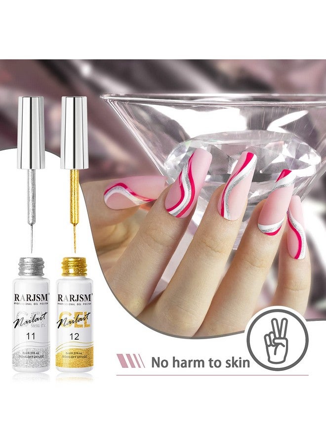 RARJSM Gel Liner Nail Art Silver Gold Glitter Nail Design Polish Painted Gel Nail Polish Set 2Pcs Soak Off Curing Requires 8Ml Build In Thin Brush For Home Salon Diy Nail Decoration Dotting Painting - Image 4