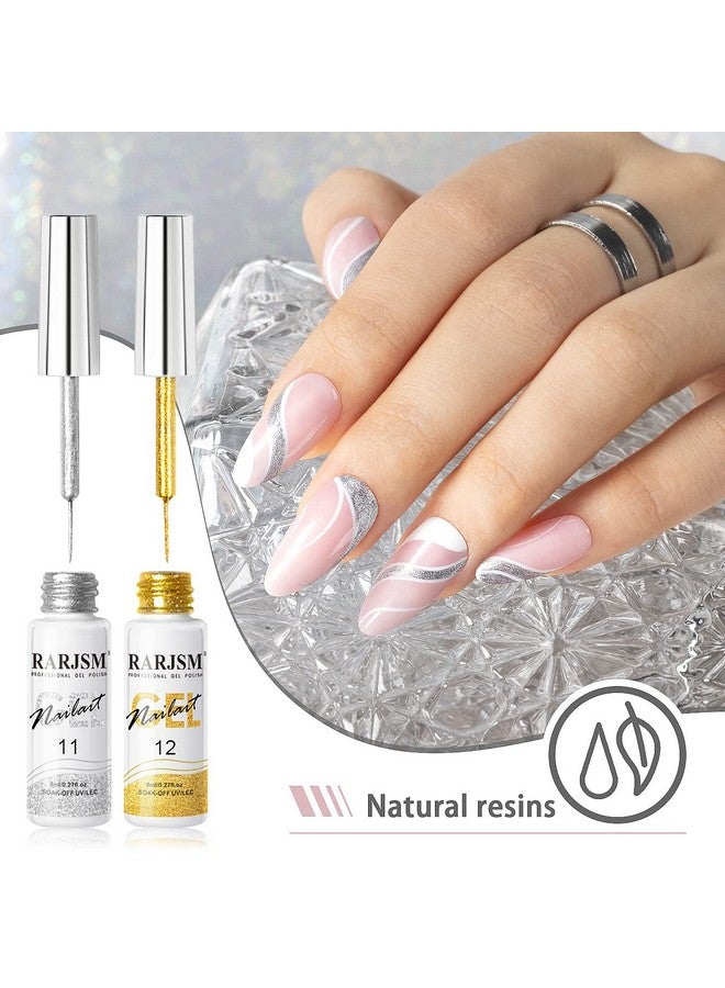 RARJSM Gel Liner Nail Art Silver Gold Glitter Nail Design Polish Painted Gel Nail Polish Set 2Pcs Soak Off Curing Requires 8Ml Build In Thin Brush For Home Salon Diy Nail Decoration Dotting Painting - Image 3