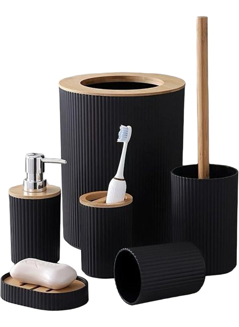 Bathroom Accessories Set, 6 Pieces, Toilet Brush, Soap Dispenser, Toothbrush Holder, Cup, Soap Dish, Trash Can (Black R) UAE - Image 1