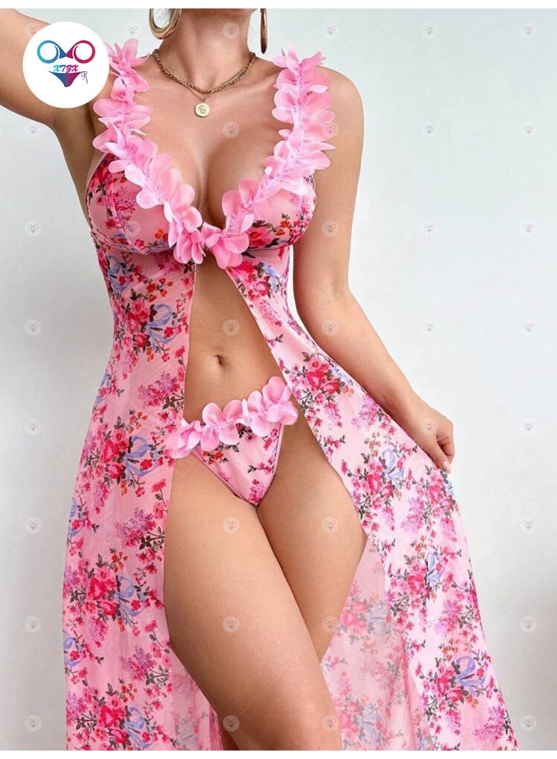 Ladies pink mesh suspender skirt, petals, printed nightdress and panties - Image 5