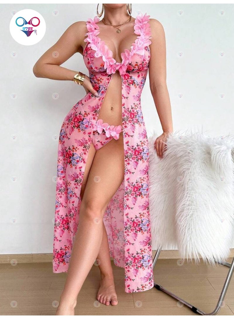 Ladies pink mesh suspender skirt, petals, printed nightdress and panties - Image 1