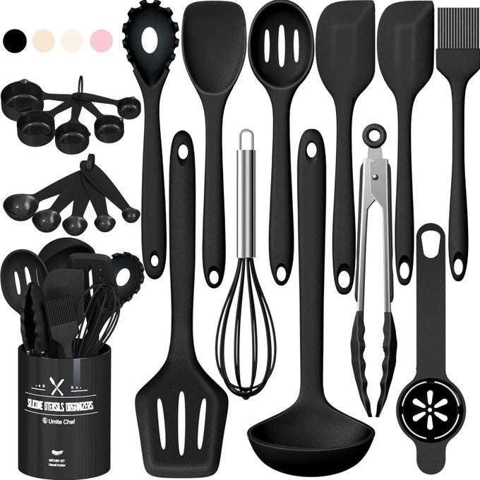 SILICONE KITCHEN UTENSILS SET 22PCS COOKING UTENSILS SPATULA SET HEAT RESISTANT NONSTICK SILICONE DISHWASHER SAFE COOKING GADGETS TOOLS SETBLACK