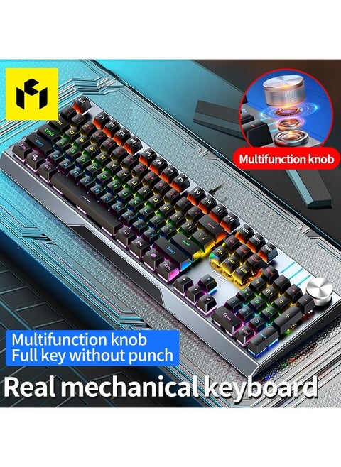 Metallic Wired Mechanical Keyboard with Multifunction Multimedia Knob Switch Backlight Black Switches