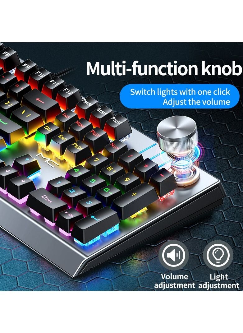 Metallic Wired Mechanical Keyboard with Multifunction Multimedia Knob Switch Backlight Black Switches