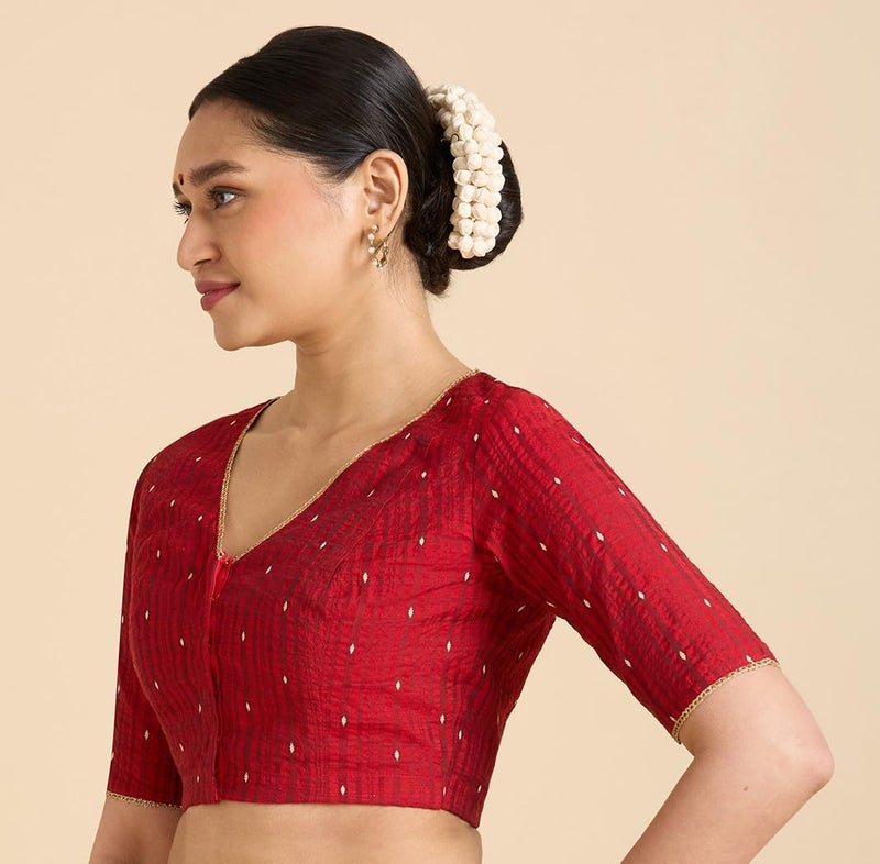 Studio Shringaar Women's Handloom Cotton Silk Readymade Saree Blouse (Maroon, 38) - Image 3