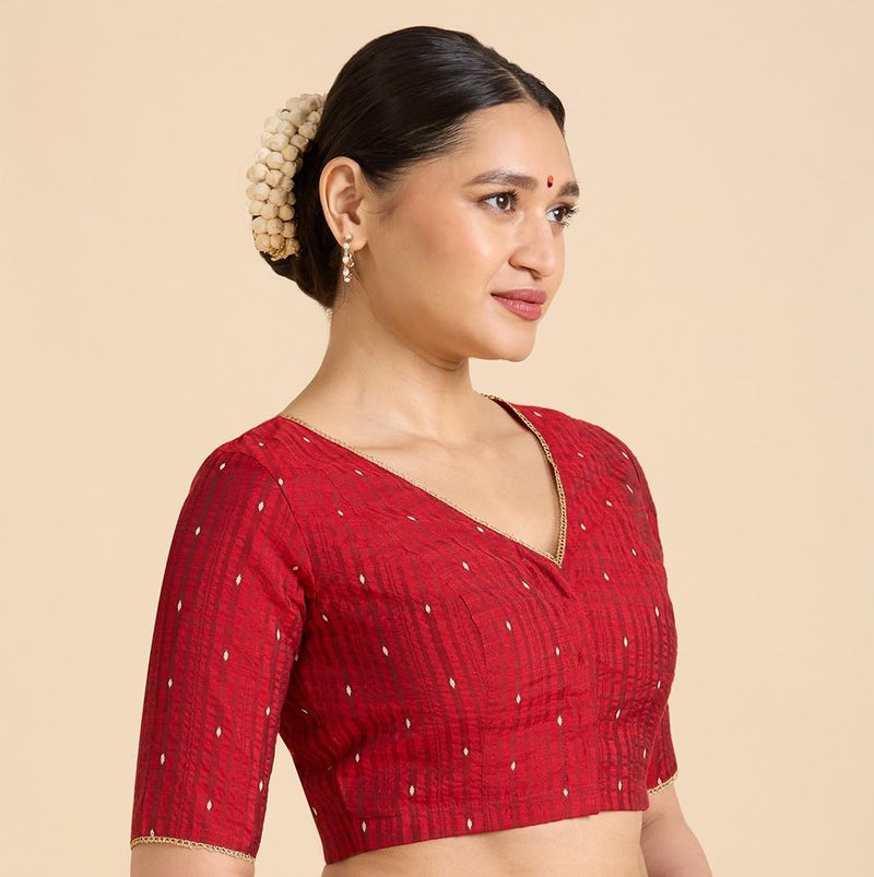 Studio Shringaar Women's Handloom Cotton Silk Readymade Saree Blouse (Maroon, 38) - Image 4