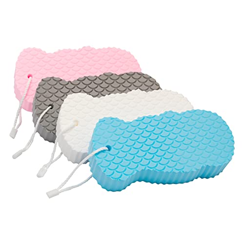 BESOBELLA Exfoliating Sponges (4 pcs) - Super Soft exfoliating Bath Shower Sponge - Removes Dead Skin and Impurities from Body - Great for Adults and Children - Pink & Blue & White & Gray - Image 1