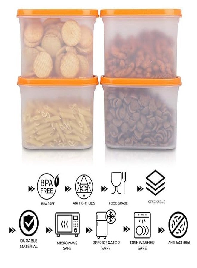 SIMPARTE Anti-Bacterial Modular Plastic Storage Container Set of 4 – 1200ml – Orange – BPA-Free, Airtight Lid, Leakproof, Stackable Organizer for Pantry, Cereal, Grains & Spices - Image 3