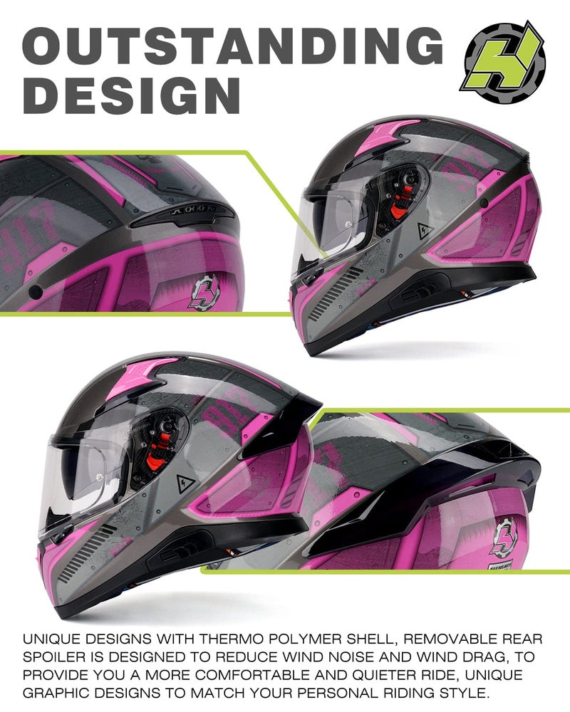 HAX Full Face Motorcycle DOT Approved Helmet with Dual Rear Wing and Pinlock Ready - Lightweight and Durable Motorbike Street Bike Helmet for Adults (Impulse Droid Pink,L) - Image 3