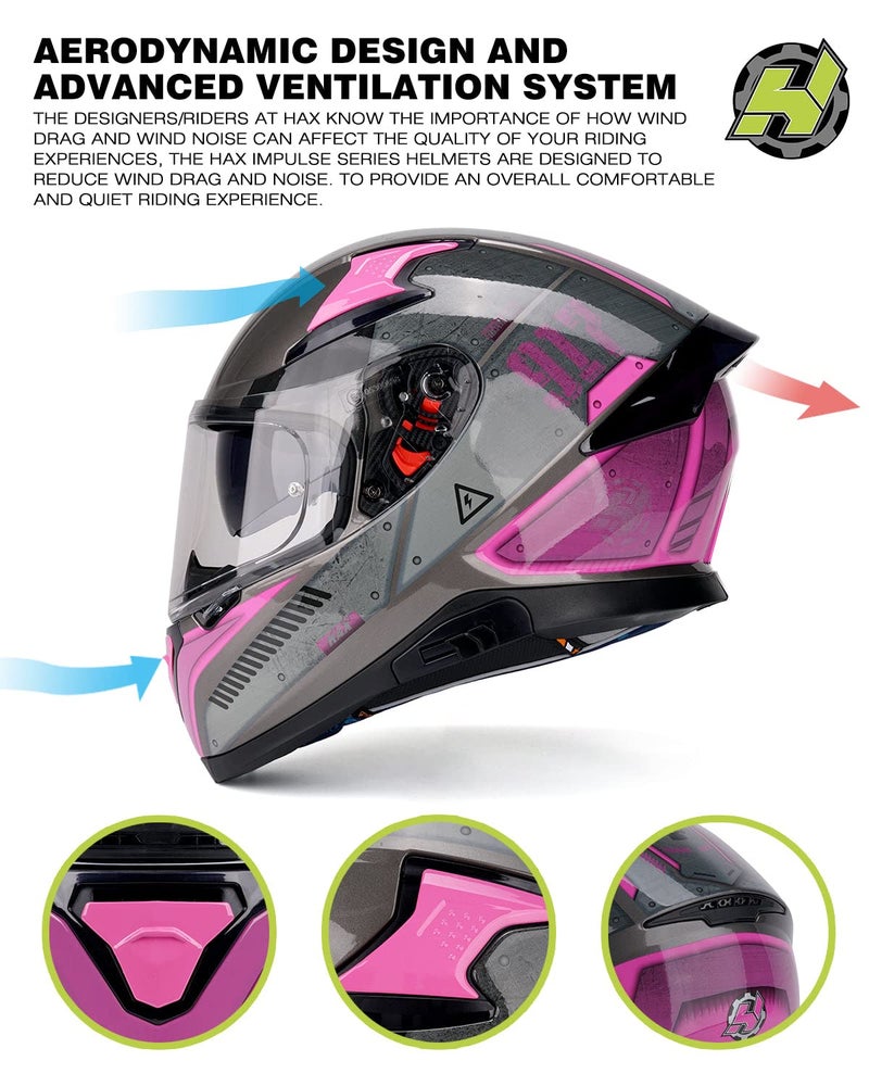 HAX Full Face Motorcycle DOT Approved Helmet with Dual Rear Wing and Pinlock Ready - Lightweight and Durable Motorbike Street Bike Helmet for Adults (Impulse Droid Pink,L) - Image 5