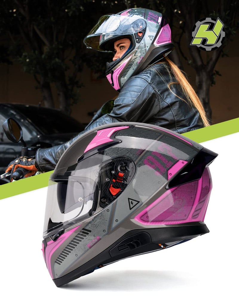 HAX Full Face Motorcycle DOT Approved Helmet with Dual Rear Wing and Pinlock Ready - Lightweight and Durable Motorbike Street Bike Helmet for Adults (Impulse Droid Pink,L) - Image 2