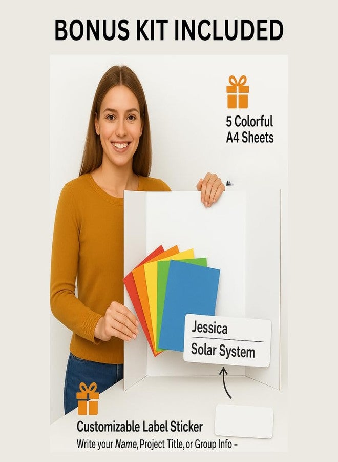SAVUK Trifold Poster Board 14"x21" Corrugated Display Board with Bonus 5 Colored A4 Sheets & Label, White Front Kraft Back Perfect for School Projects, Business Presentations, Science Fairs (White) - Image 5