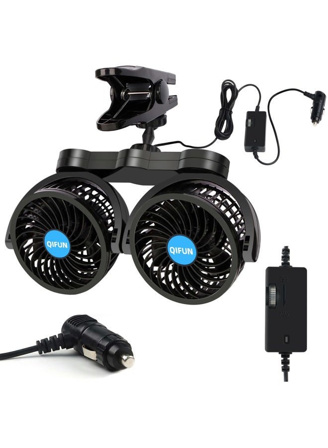 QIFUN Car Fan Adjustable Dual Head 12V 360° Rotatable 4 Inches Car Clip Fan for Front/Rear Seat Passenger Car Essentials Cooler with Stepless Speed Regulation for Vehicle SUV, RV - Image 1