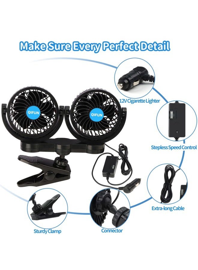 QIFUN Car Fan Adjustable Dual Head 12V 360° Rotatable 4 Inches Car Clip Fan for Front/Rear Seat Passenger Car Essentials Cooler with Stepless Speed Regulation for Vehicle SUV, RV - Image 3