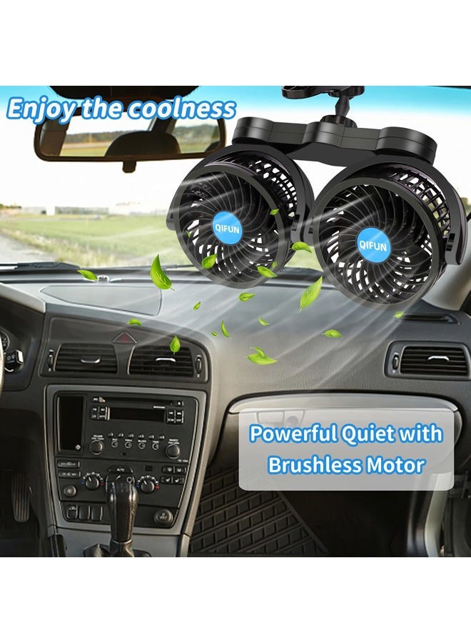 QIFUN Car Fan Adjustable Dual Head 12V 360° Rotatable 4 Inches Car Clip Fan for Front/Rear Seat Passenger Car Essentials Cooler with Stepless Speed Regulation for Vehicle SUV, RV - Image 2