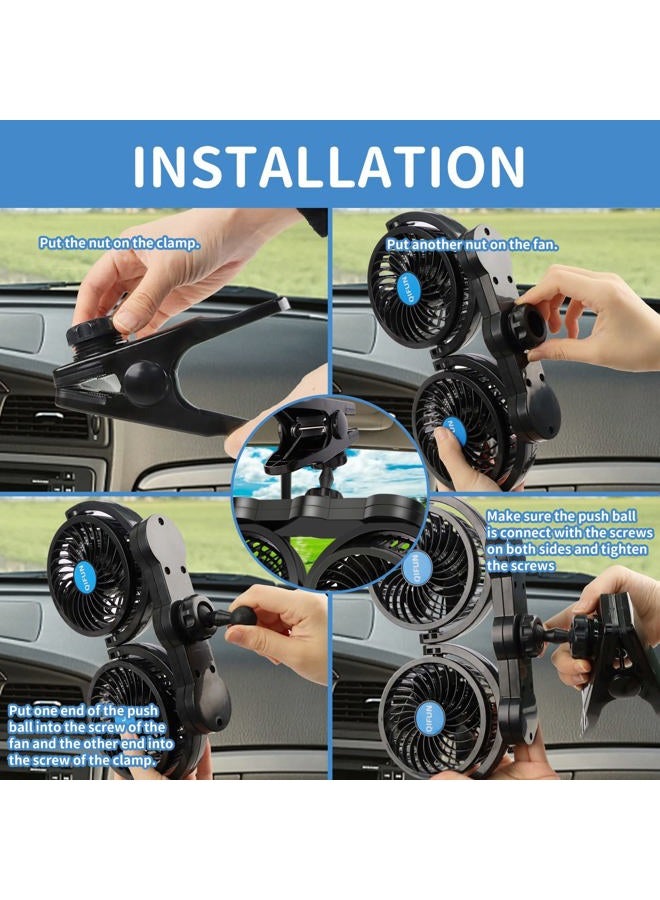 QIFUN Car Fan Adjustable Dual Head 12V 360° Rotatable 4 Inches Car Clip Fan for Front/Rear Seat Passenger Car Essentials Cooler with Stepless Speed Regulation for Vehicle SUV, RV - Image 5