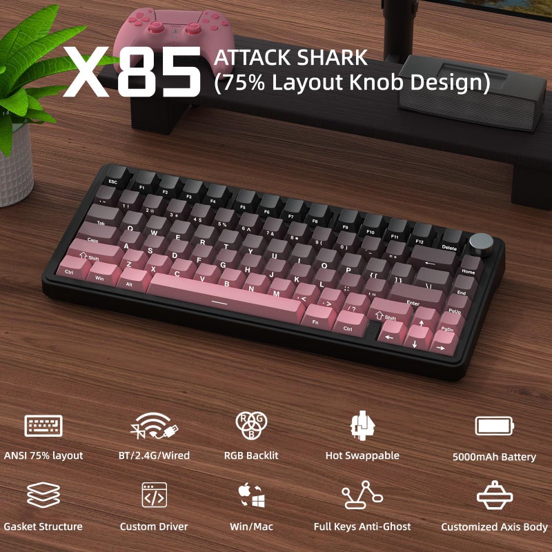 ATTACK SHARK X85 Joint Mechanical Keyboard with Button, 75% Wireless Gaming Keyboard (BT5.0/2.4G/USB-C) and Five Layer Padding, RGB, 5000mAh, Hot Swappable, PBT Keys (Pink) - Image 2