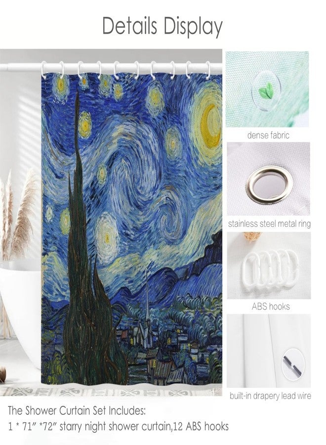 IcosaMro Starry Night Shower Curtain for Bathroom with Hooks, V. Gogh Stars Art Deco Long Cloth Fabric Shower Curtain Bath Decorations - 71Wx72L, Blue - Image 3