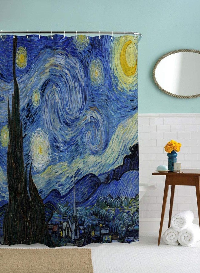 IcosaMro Starry Night Shower Curtain for Bathroom with Hooks, V. Gogh Stars Art Deco Long Cloth Fabric Shower Curtain Bath Decorations - 71Wx72L, Blue - Image 2