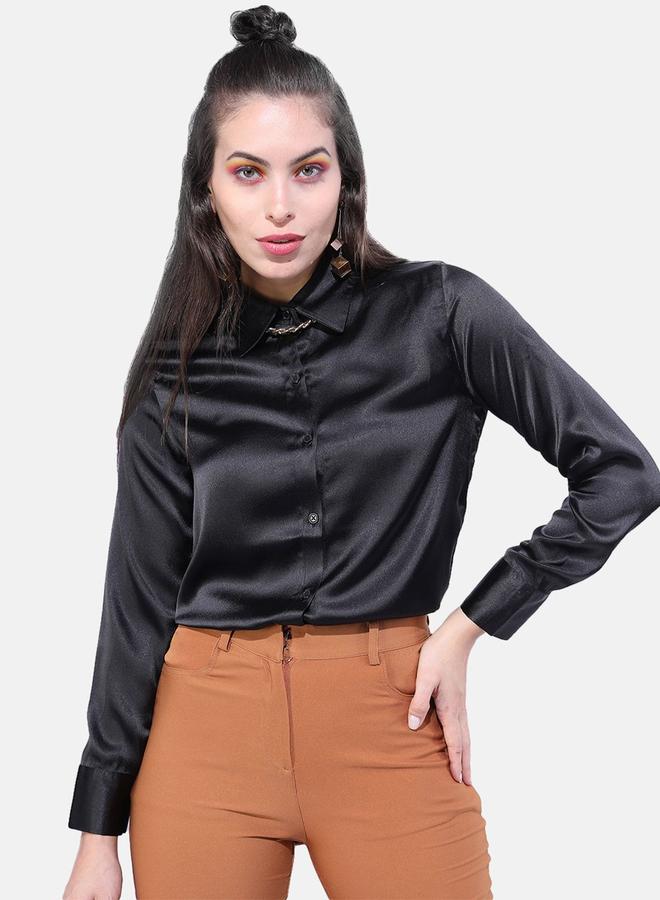 Freehand Women Black Satin Slim Fit Shirt - Image 1