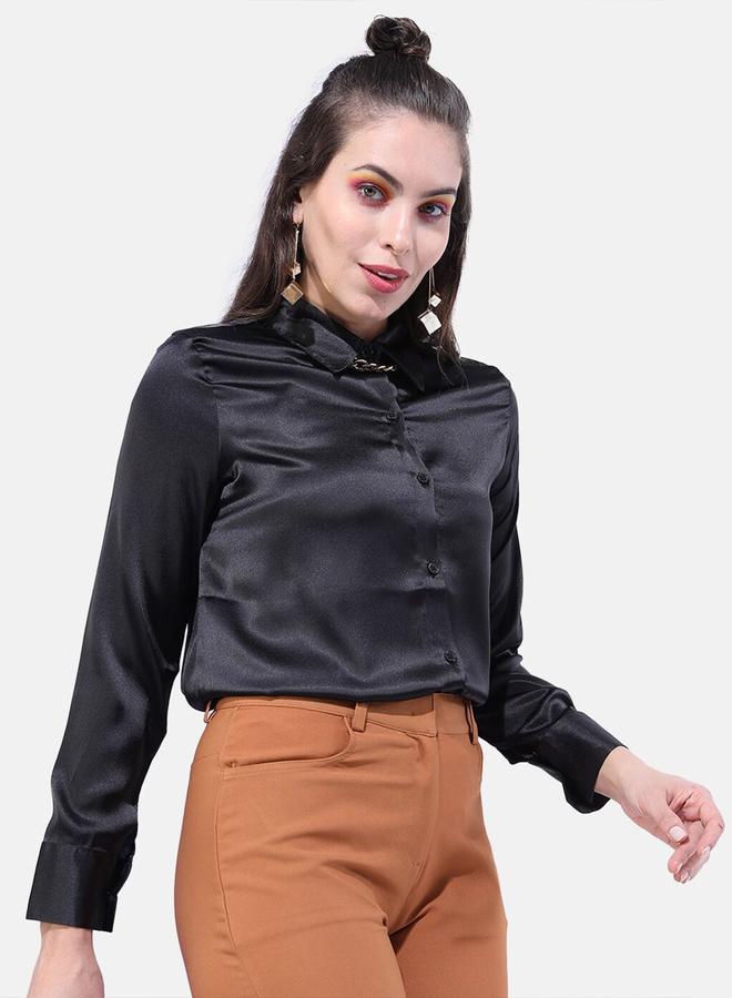 Freehand Women Black Satin Slim Fit Shirt - Image 3