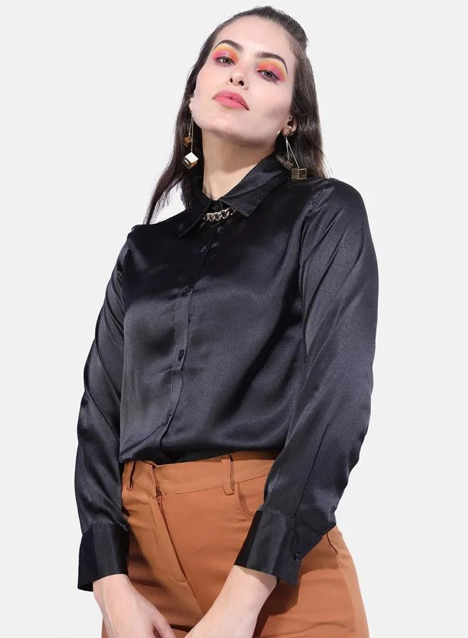 Freehand Freehand Women Black Satin Slim Fit Shirt