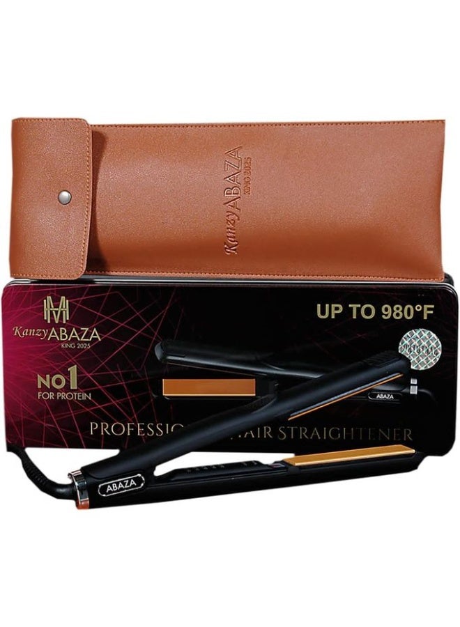Kanzy Abaza King 2025 Professional Hair Straightener, 980°F, Gold Titanium Plates for Protein and Keratin Treatments with Leather Case and Tin - Black/Gold - Image 1