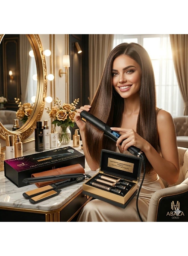 Kanzy Abaza King 2025 Professional Hair Straightener, 980°F, Gold Titanium Plates for Protein and Keratin Treatments with Leather Case and Tin - Black/Gold - Image 2