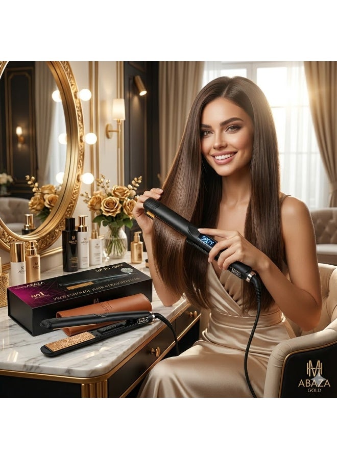 Kanzy Abaza King 2025 Professional Hair Straightener, 980°F, Gold Titanium Plates for Protein and Keratin Treatments with Leather Case and Tin - Black/Gold - Image 3