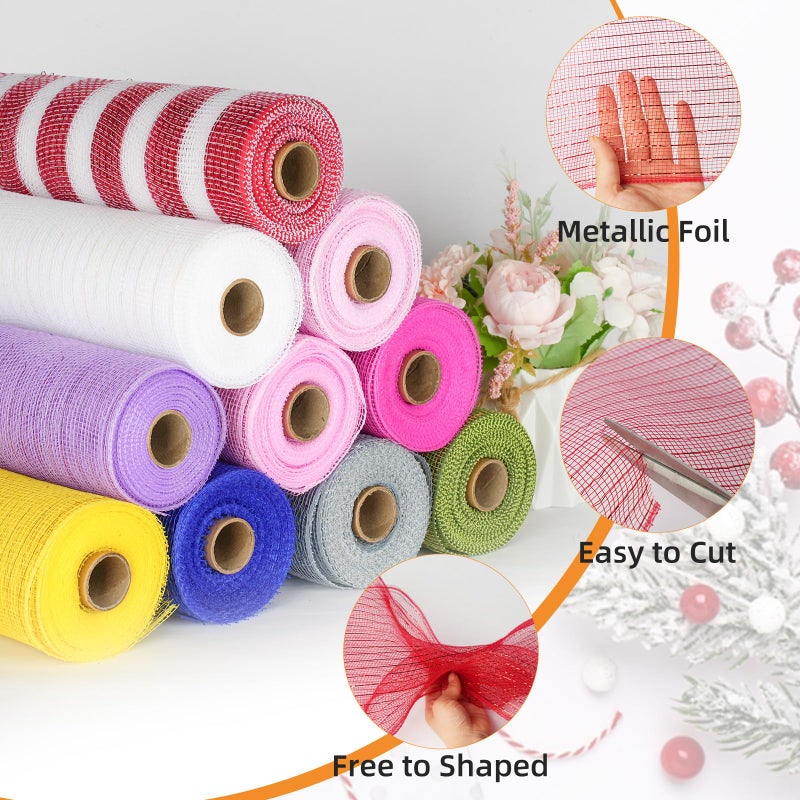 ICOSHOW Deco Mesh Ribbon - 10inch x 30 feet Each Roll Metallic Foil Mesh Ribbon for Christmas, Valentine's Easter Wreath and Home Decorating (Red) - Image 3
