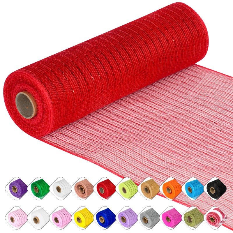 ICOSHOW Deco Mesh Ribbon - 10inch x 30 feet Each Roll Metallic Foil Mesh Ribbon for Christmas, Valentine's Easter Wreath and Home Decorating (Red) - Image 1