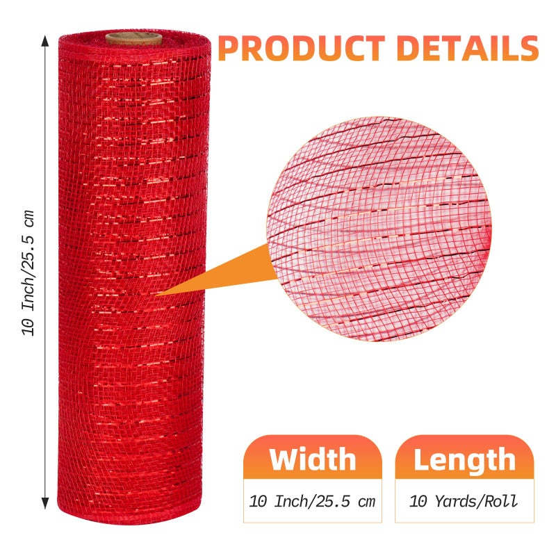 ICOSHOW Deco Mesh Ribbon - 10inch x 30 feet Each Roll Metallic Foil Mesh Ribbon for Christmas, Valentine's Easter Wreath and Home Decorating (Red) - Image 2