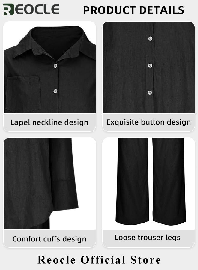 REOCLE Women 2 Pcs Outfits Cropped Sleeve Shirt Loose Pants Two-Piece Suit Lounge Sets Trendy Travel Vacation Outfits Tracksuit Clothes - Image 5