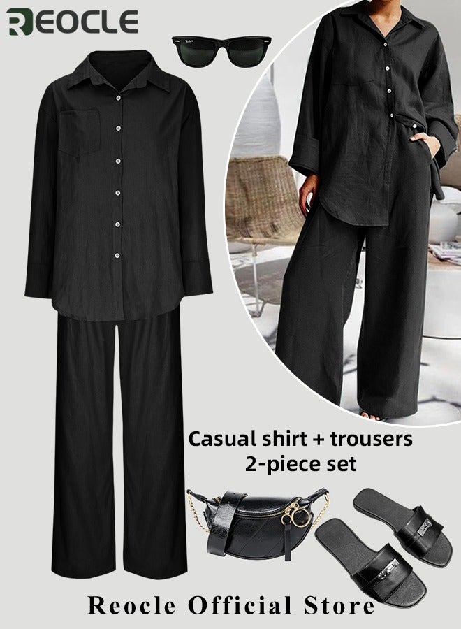 REOCLE Women 2 Pcs Outfits Cropped Sleeve Shirt Loose Pants Two-Piece Suit Lounge Sets Trendy Travel Vacation Outfits Tracksuit Clothes - Image 2