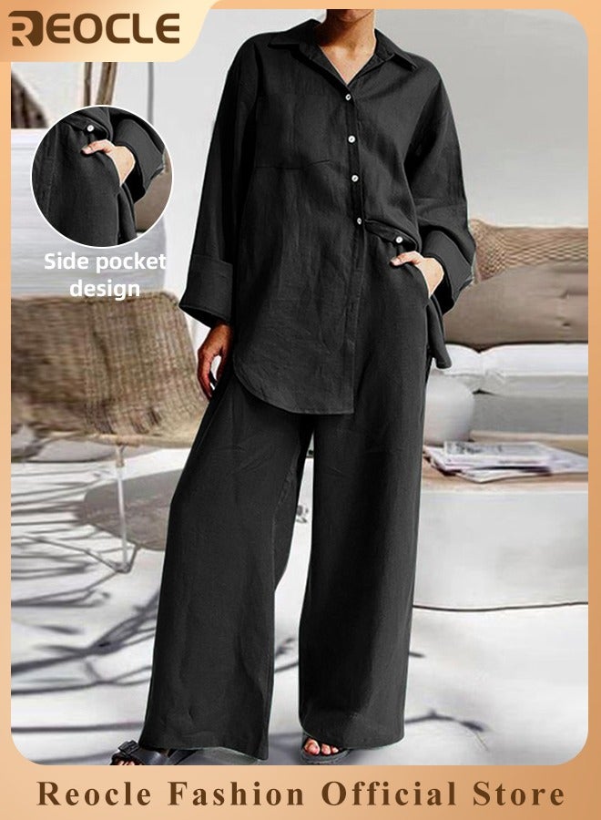 REOCLE Women 2 Pcs Outfits Cropped Sleeve Shirt Loose Pants Two-Piece Suit Lounge Sets Trendy Travel Vacation Outfits Tracksuit Clothes - Image 1