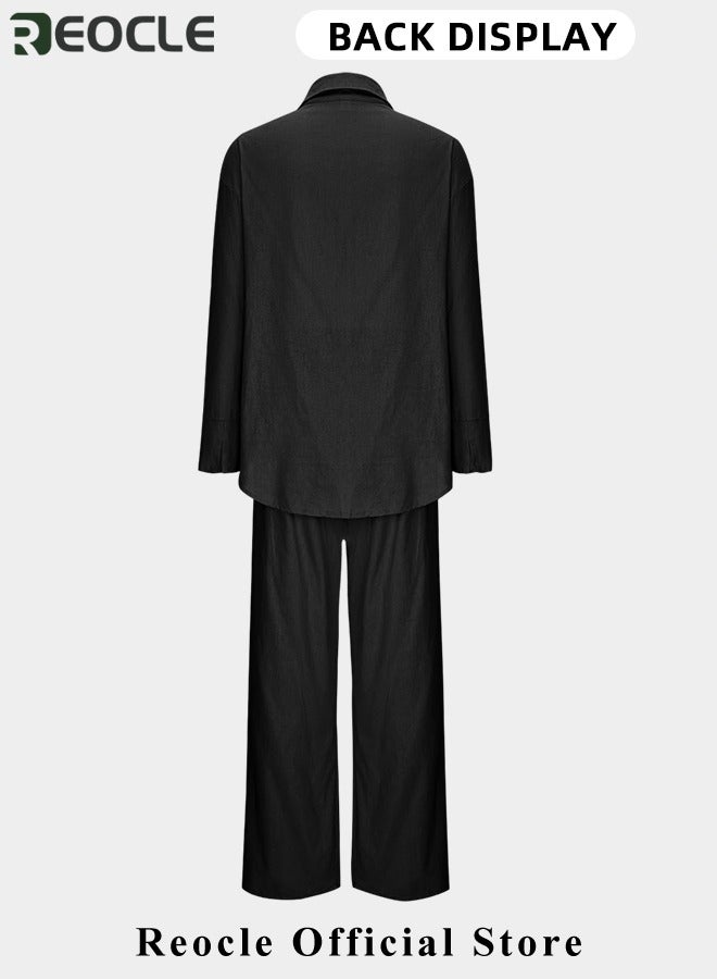 REOCLE Women 2 Pcs Outfits Cropped Sleeve Shirt Loose Pants Two-Piece Suit Lounge Sets Trendy Travel Vacation Outfits Tracksuit Clothes - Image 3