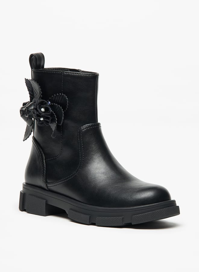 Little Missy Girls Floral Accent Ankle Boots with Zip Closure - Image 3