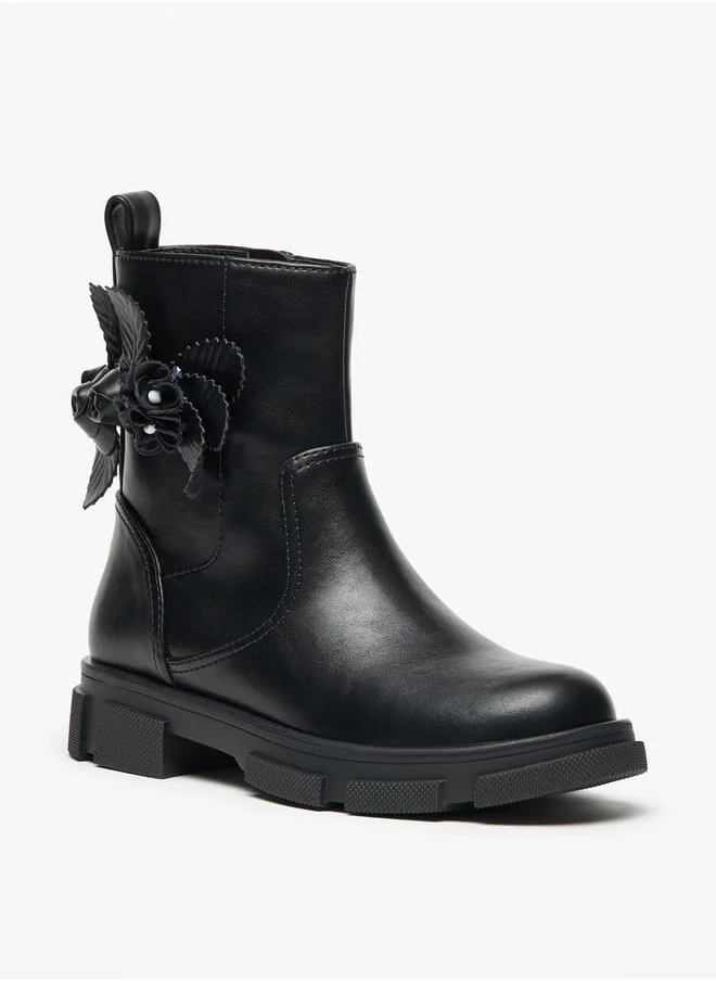Little Missy Girls Floral Accent Ankle Boots with Zip Closure