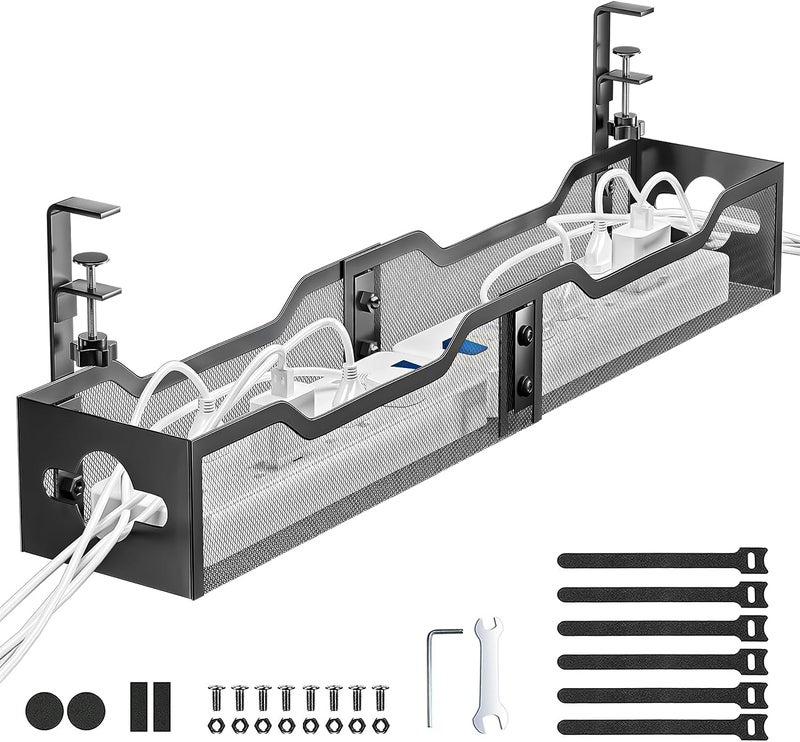 Litwaro Under Desk Cable Management Tray Black, Litwaro Cable Management Under Desk No Drill, 25'' Cable Tray with Clamp for Wire Management, Cord Organizer for Office, Home - No Damage to Table - Image 1